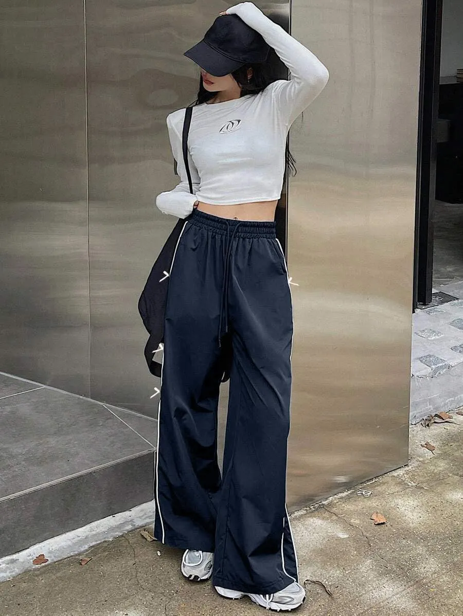 GAMMIS Women's Bow Tie Wide Leg Sweatpants Elastic Waist Parachute Baggy Pants Track Y2K Trousers