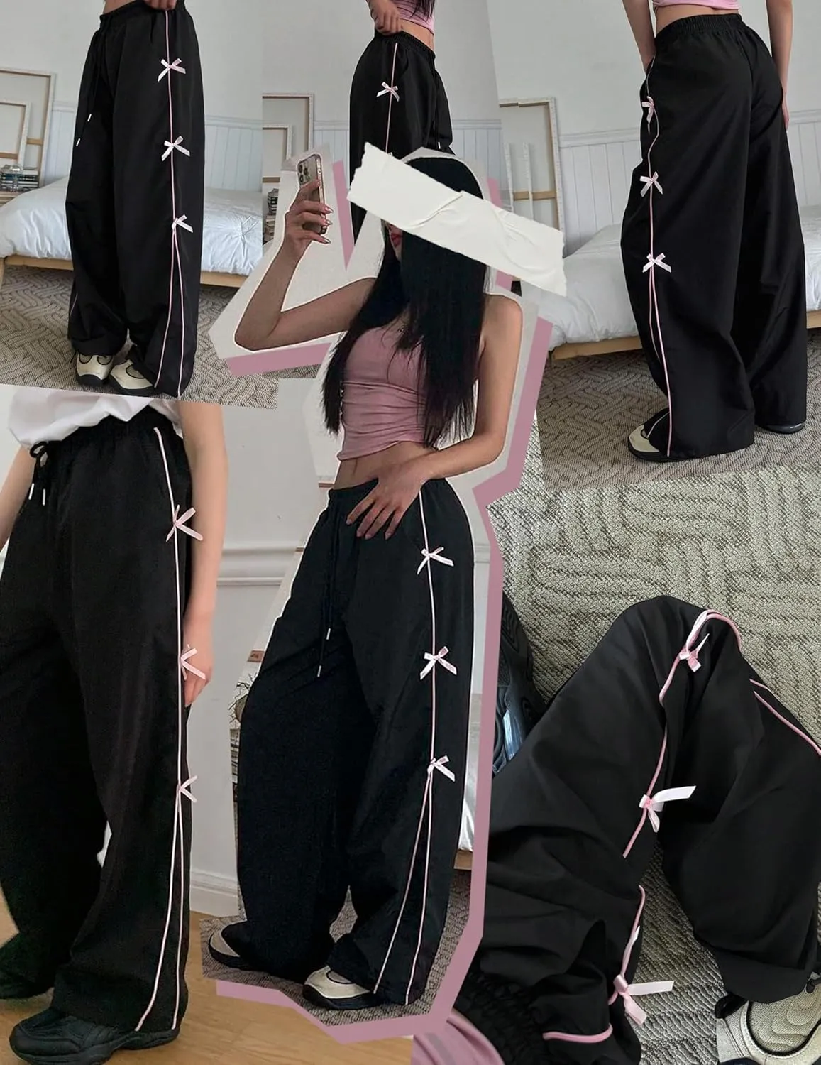 GAMMIS Women's Bow Tie Wide Leg Sweatpants Elastic Waist Parachute Baggy Pants Track Y2K Trousers
