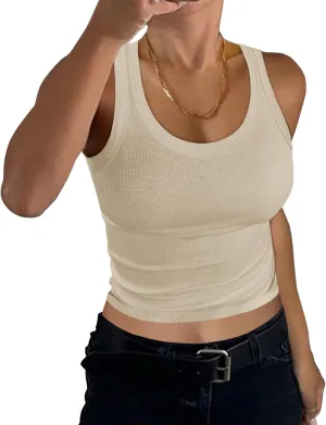GEMBERA Women Sleeveless Scoop Neck Racerback Ribbed Knit Fitted Teen Basic Crop Tank Top Shirt