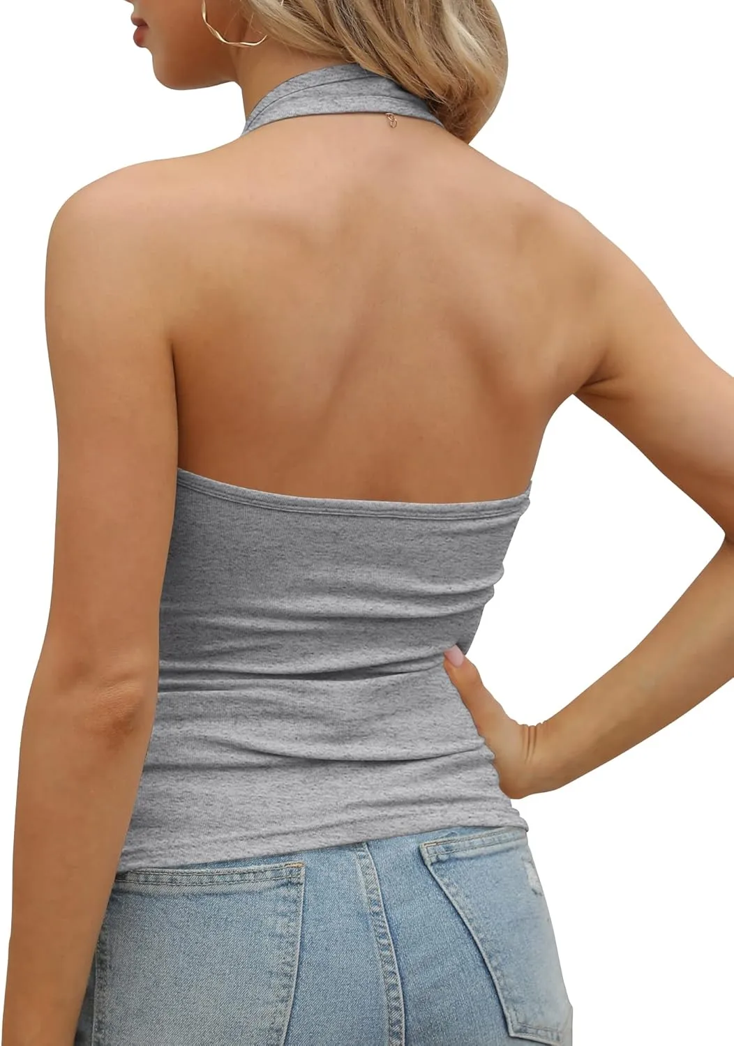 GEMBERA Womens Backless Halter Neck Front V Neck Camisole Basic Casual Fitted Cropped Tank Tops Shirts