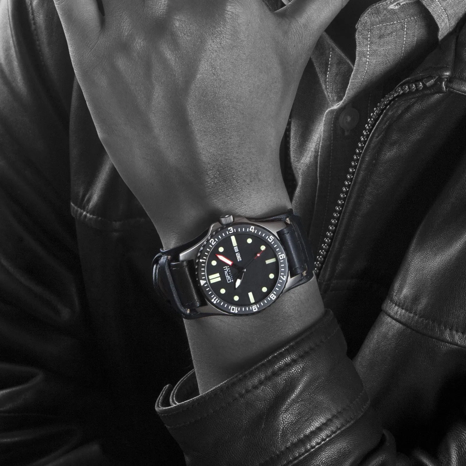 German Military Titanium Watch. GPW Day Date. Sapphire Crystal. Black German BUND Leatherstrap 200M W/R