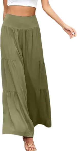 Gihuo Womens Wide Leg Palazzo Pants Elastic Waist Pleated Flowy Linen Blend Summer Pants High Waist Tiered Trousers