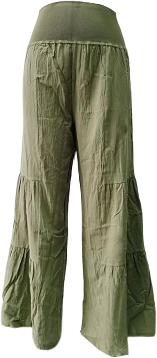 Gihuo Womens Wide Leg Palazzo Pants Elastic Waist Pleated Flowy Linen Blend Summer Pants High Waist Tiered Trousers