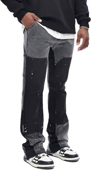 GINGTTO Mens Flared Jeans Streetwear Stretch Slim Fit Carpenter Denim Pants for Men Contrast Painted Design Grey 32