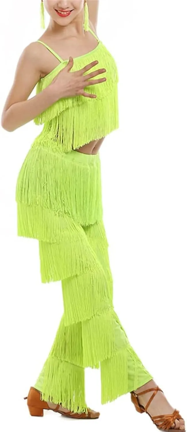 Girls 2 Pcs Latin Dance Costume Sets Tassel Camisole Tops Fringe Pants Modern Salsa Ballroom Outfits