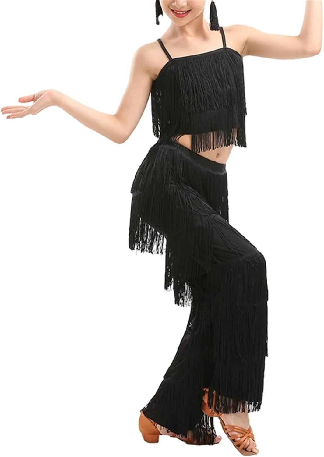 Girls 2 Pcs Latin Dance Costume Sets Tassel Camisole Tops Fringe Pants Modern Salsa Ballroom Outfits