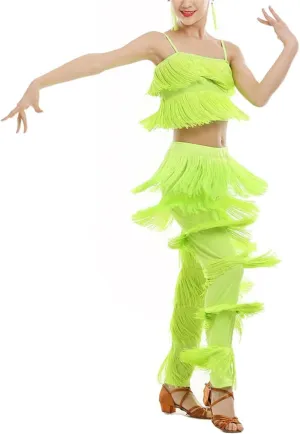 Girls 2 Pcs Latin Dance Costume Sets Tassel Camisole Tops Fringe Pants Modern Salsa Ballroom Outfits