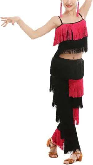 Girls 2 Pcs Latin Dance Costume Sets Tassel Camisole Tops Fringe Pants Modern Salsa Ballroom Outfits