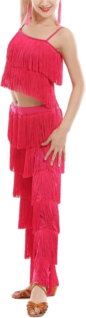 Girls 2 Pcs Latin Dance Costume Sets Tassel Camisole Tops Fringe Pants Modern Salsa Ballroom Outfits