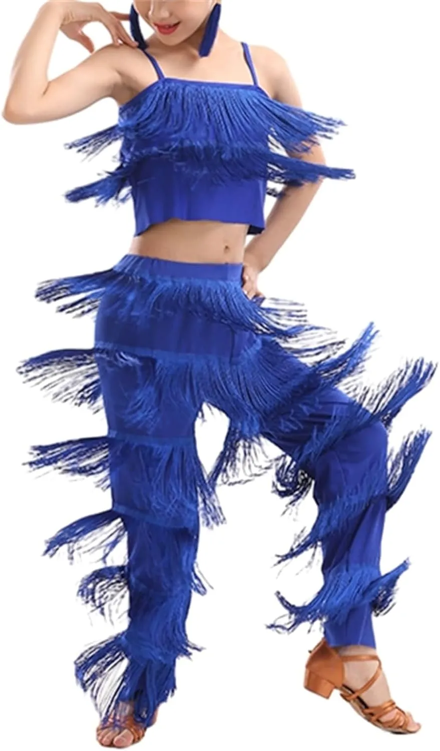 Girls 2 Pcs Latin Dance Costume Sets Tassel Camisole Tops Fringe Pants Modern Salsa Ballroom Outfits
