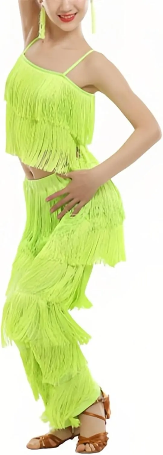 Girls 2 Pcs Latin Dance Costume Sets Tassel Camisole Tops Fringe Pants Modern Salsa Ballroom Outfits