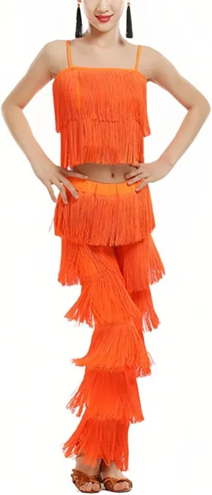 Girls 2 Pcs Latin Dance Costume Sets Tassel Camisole Tops Fringe Pants Modern Salsa Ballroom Outfits