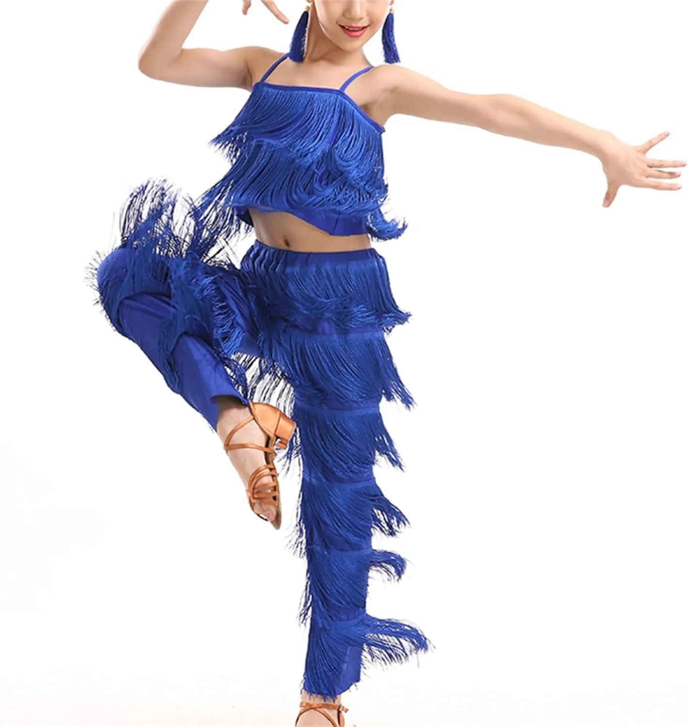 Girls 2 Pcs Latin Dance Costume Sets Tassel Camisole Tops Fringe Pants Modern Salsa Ballroom Outfits