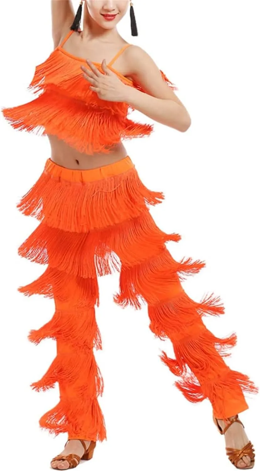Girls 2 Pcs Latin Dance Costume Sets Tassel Camisole Tops Fringe Pants Modern Salsa Ballroom Outfits