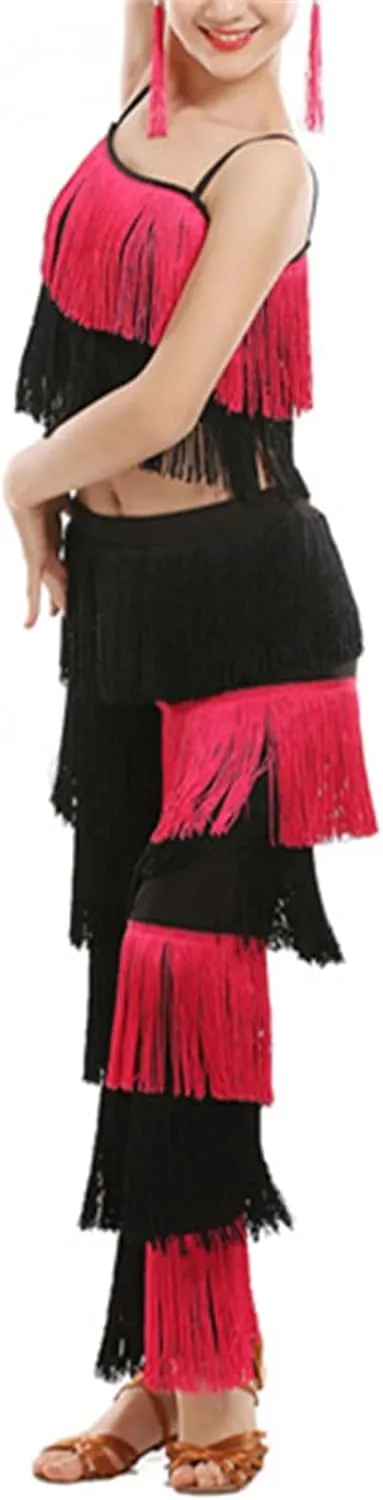 Girls 2 Pcs Latin Dance Costume Sets Tassel Camisole Tops Fringe Pants Modern Salsa Ballroom Outfits