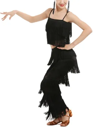 Girls 2 Pcs Latin Dance Costume Sets Tassel Camisole Tops Fringe Pants Modern Salsa Ballroom Outfits