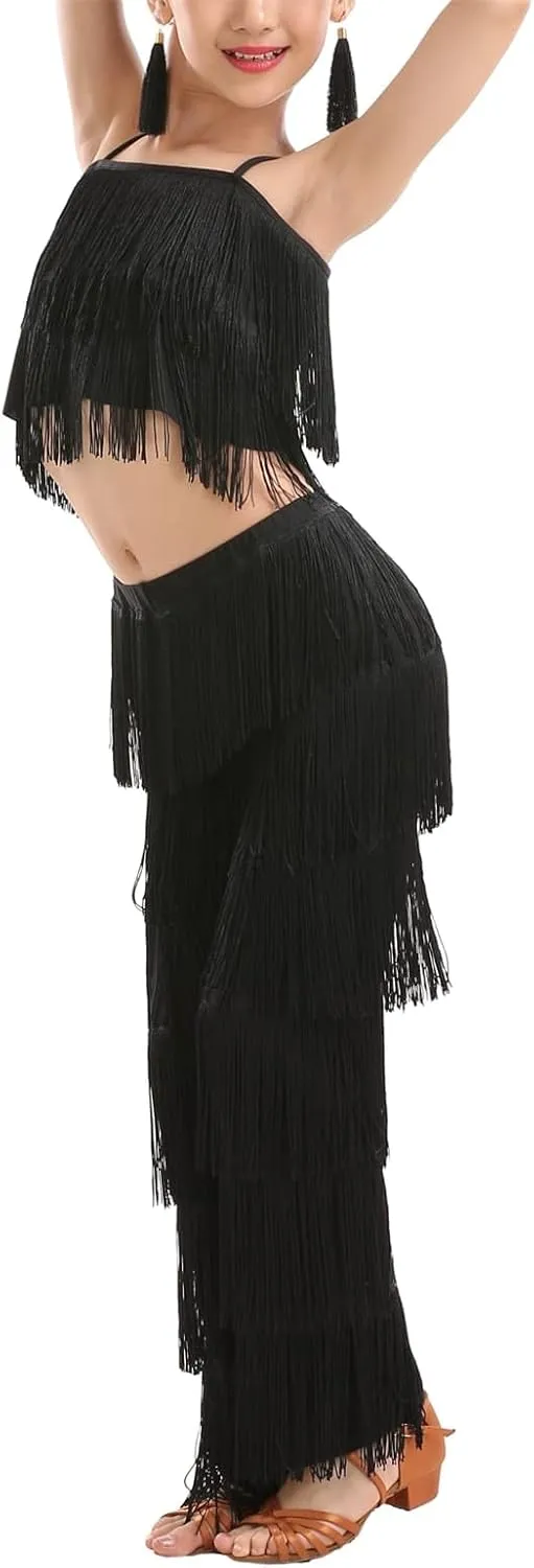 Girls 2 Pcs Latin Dance Costume Sets Tassel Camisole Tops Fringe Pants Modern Salsa Ballroom Outfits