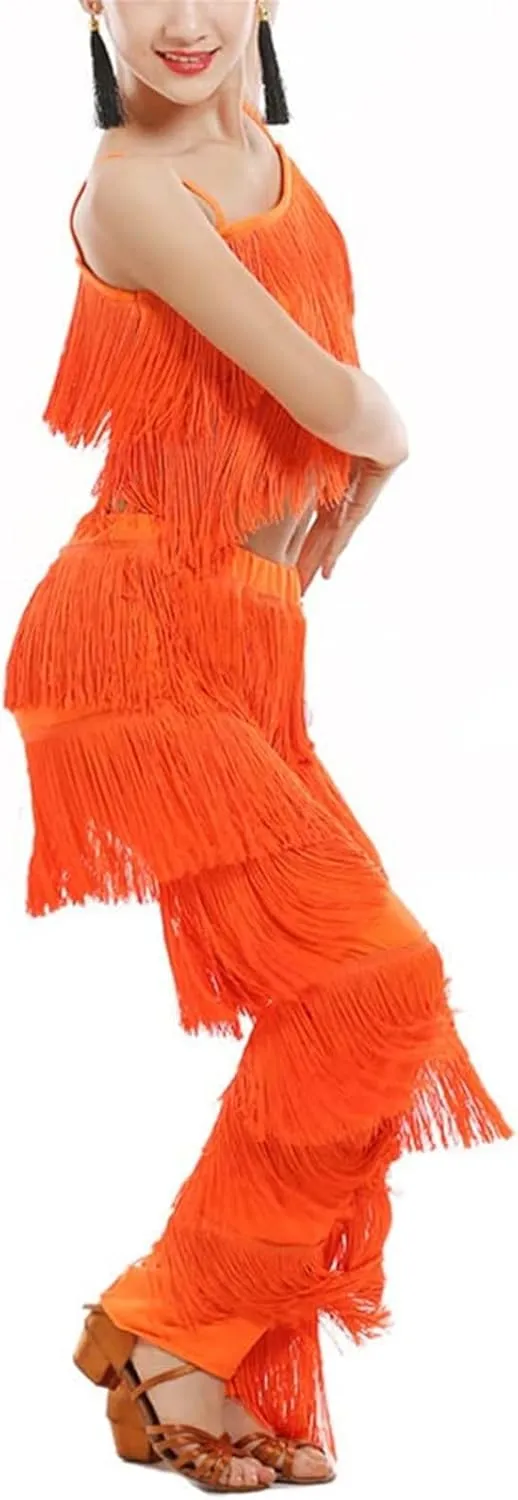 Girls 2 Pcs Latin Dance Costume Sets Tassel Camisole Tops Fringe Pants Modern Salsa Ballroom Outfits