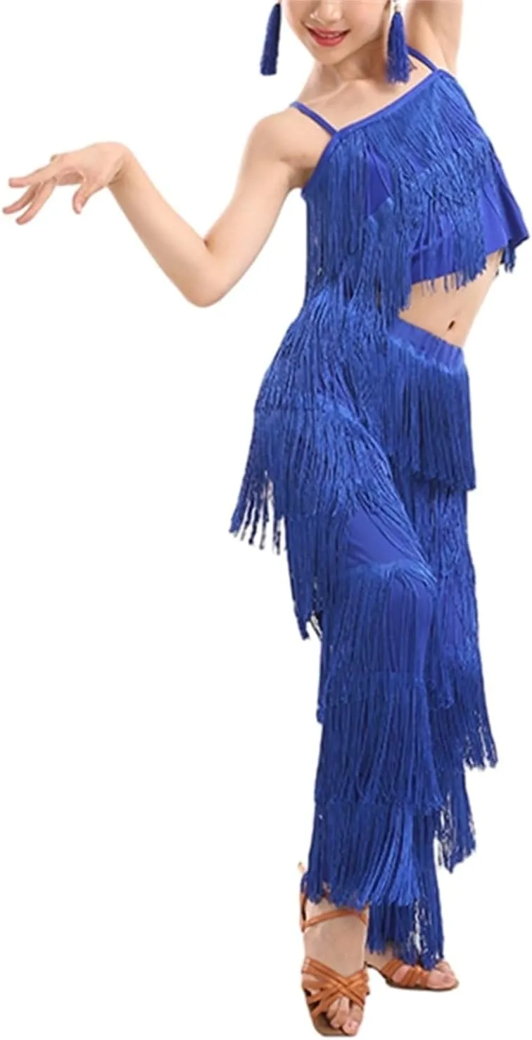 Girls 2 Pcs Latin Dance Costume Sets Tassel Camisole Tops Fringe Pants Modern Salsa Ballroom Outfits