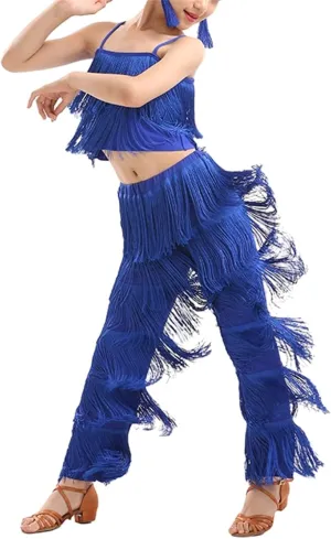 Girls 2 Pcs Latin Dance Costume Sets Tassel Camisole Tops Fringe Pants Modern Salsa Ballroom Outfits