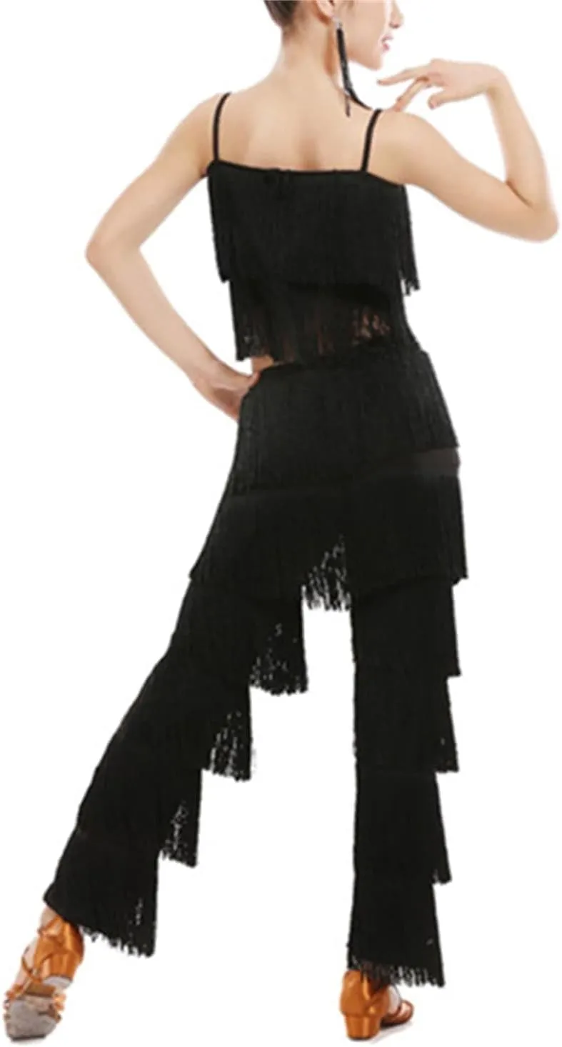 Girls 2 Pcs Latin Dance Costume Sets Tassel Camisole Tops Fringe Pants Modern Salsa Ballroom Outfits