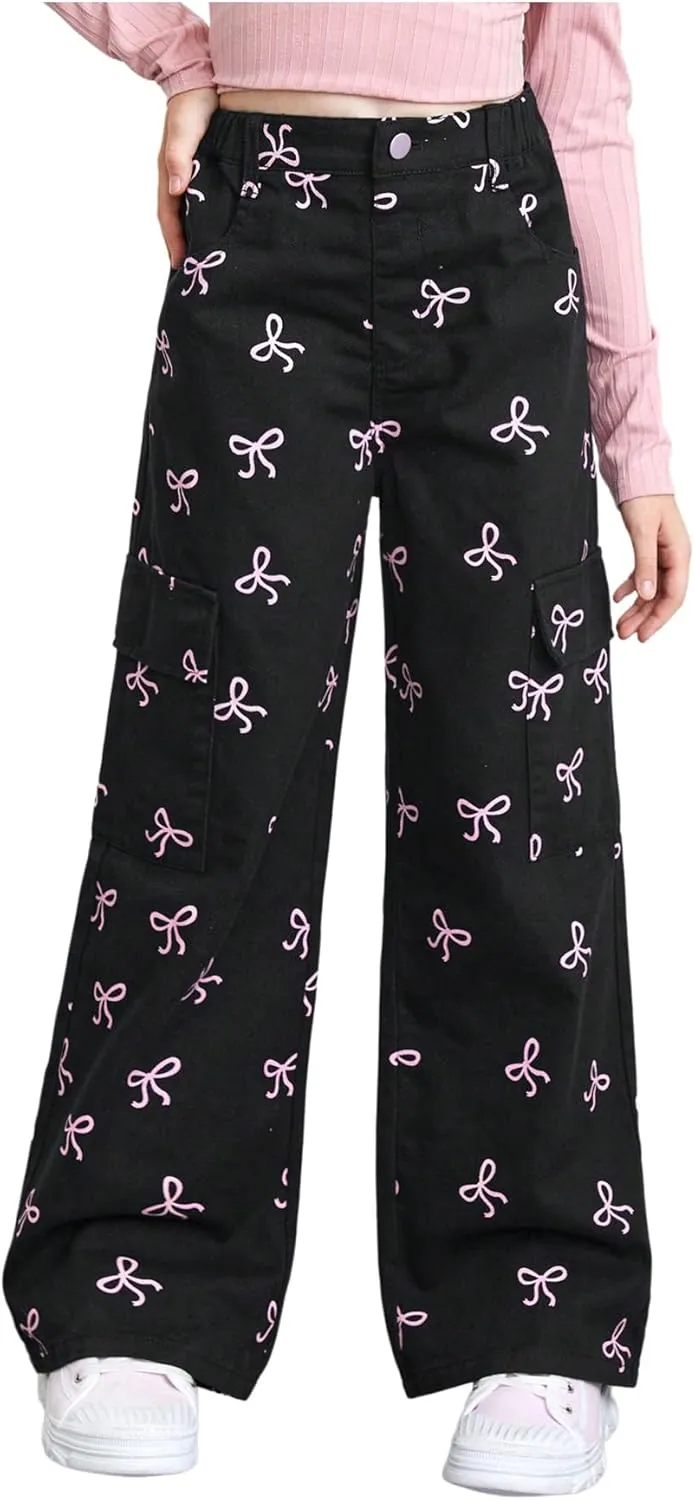 GORGLITTER Girl's Baggy Bow Jeans Wide Leg Denim Pants Y2K Zipper Fly Flap Pocket Cargo Pants