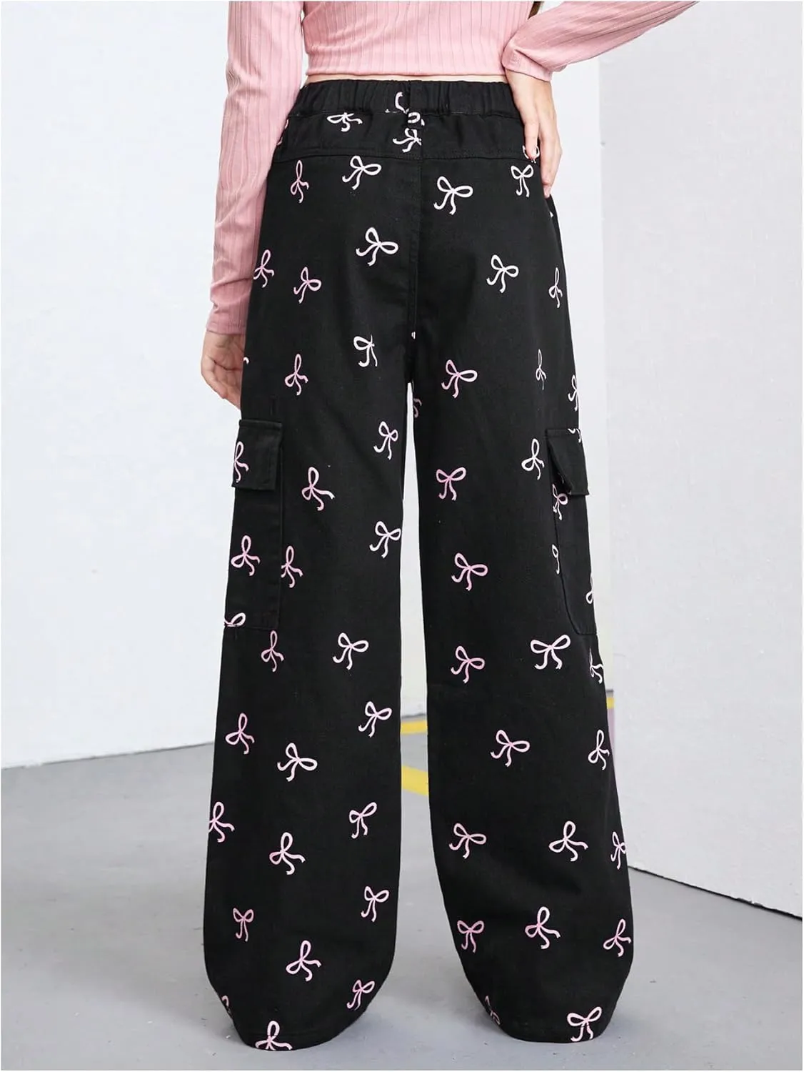 GORGLITTER Girl's Baggy Bow Jeans Wide Leg Denim Pants Y2K Zipper Fly Flap Pocket Cargo Pants