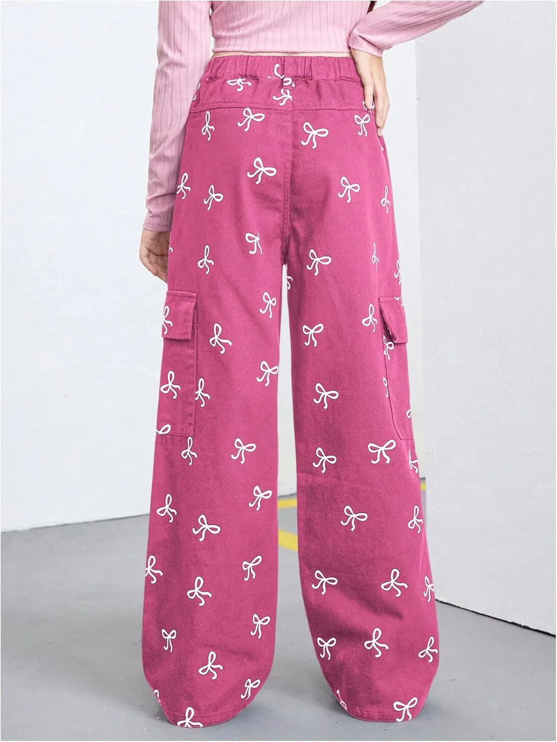GORGLITTER Girl's Baggy Bow Jeans Wide Leg Denim Pants Y2K Zipper Fly Flap Pocket Cargo Pants