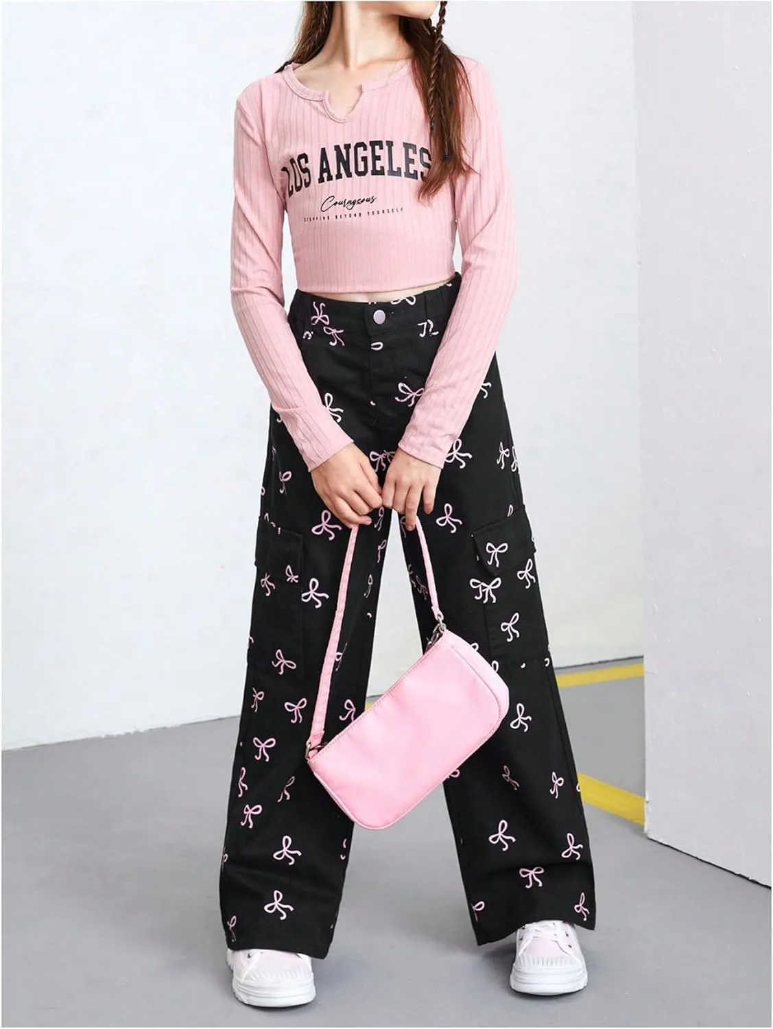 GORGLITTER Girl's Baggy Bow Jeans Wide Leg Denim Pants Y2K Zipper Fly Flap Pocket Cargo Pants