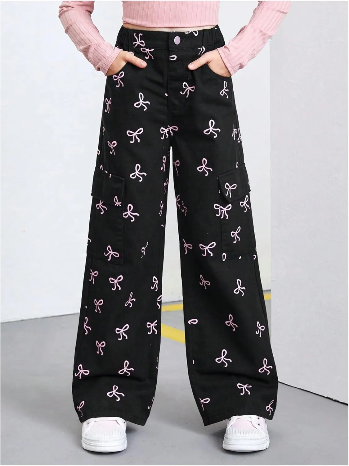 GORGLITTER Girl's Baggy Bow Jeans Wide Leg Denim Pants Y2K Zipper Fly Flap Pocket Cargo Pants