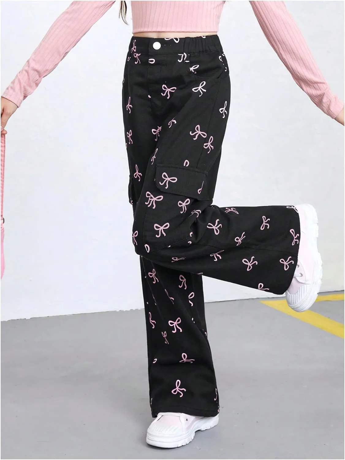 GORGLITTER Girl's Baggy Bow Jeans Wide Leg Denim Pants Y2K Zipper Fly Flap Pocket Cargo Pants