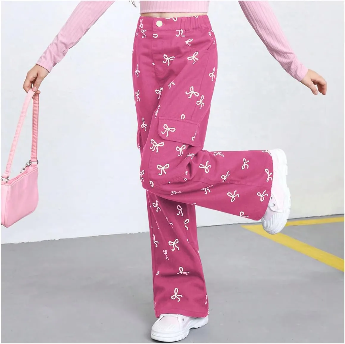 GORGLITTER Girl's Baggy Bow Jeans Wide Leg Denim Pants Y2K Zipper Fly Flap Pocket Cargo Pants