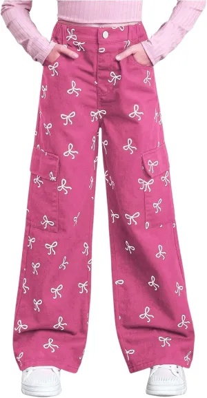 GORGLITTER Girl's Baggy Bow Jeans Wide Leg Denim Pants Y2K Zipper Fly Flap Pocket Cargo Pants