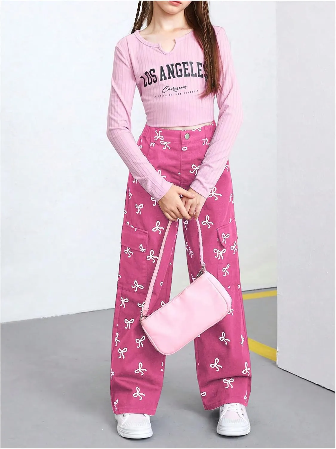 GORGLITTER Girl's Baggy Bow Jeans Wide Leg Denim Pants Y2K Zipper Fly Flap Pocket Cargo Pants