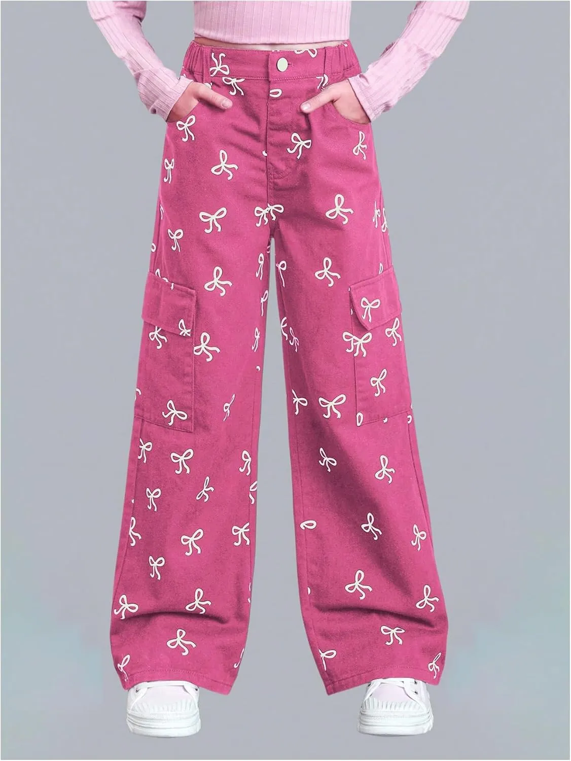 GORGLITTER Girl's Baggy Bow Jeans Wide Leg Denim Pants Y2K Zipper Fly Flap Pocket Cargo Pants