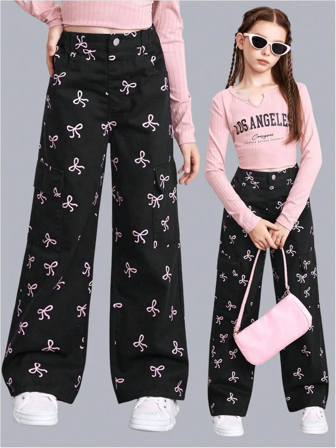 GORGLITTER Girl's Baggy Bow Jeans Wide Leg Denim Pants Y2K Zipper Fly Flap Pocket Cargo Pants