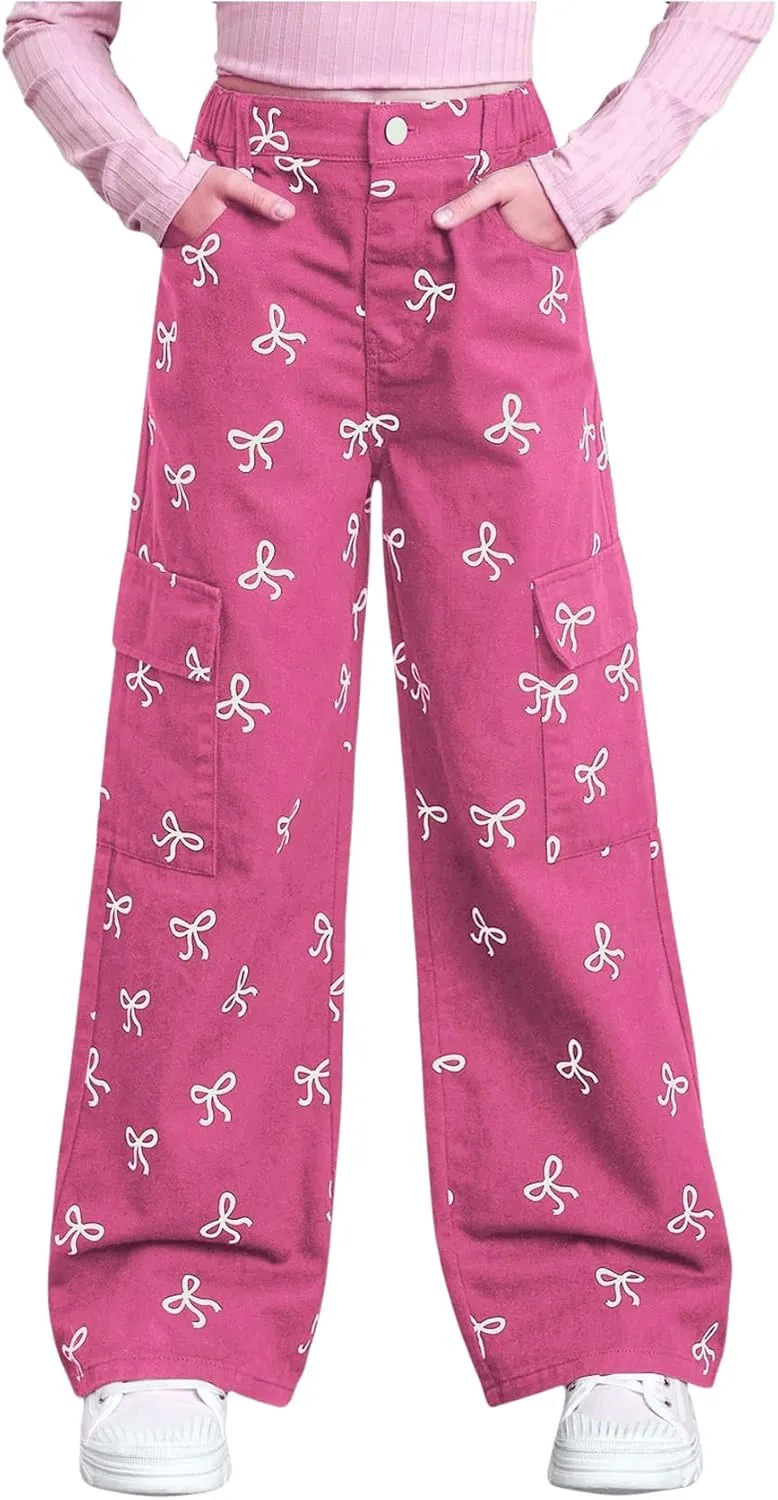 GORGLITTER Girl's Baggy Bow Jeans Wide Leg Denim Pants Y2K Zipper Fly Flap Pocket Cargo Pants