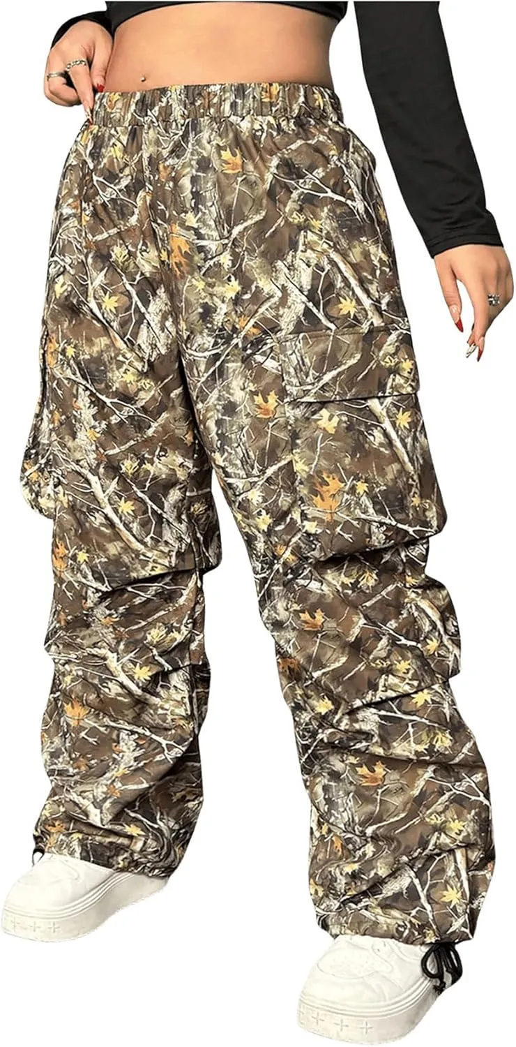 GORGLITTER Women's Plus Size Baggy Cargo Sweatpants Joggers Y2K Camo Camouflage Straight Leg Sweat Pants Street Wear