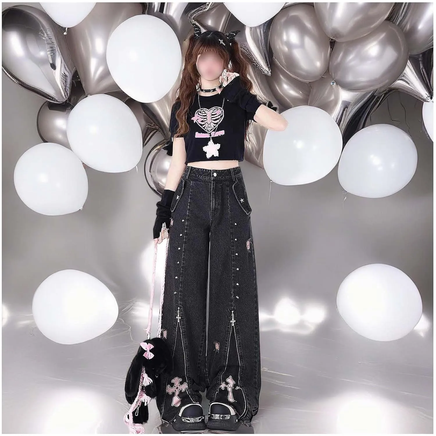 Gothic Punk Wide Leg Long Length Denim Pants Women Baggy Jeans Y2k Cargo Jeans High Waist with Cross Star Decoration