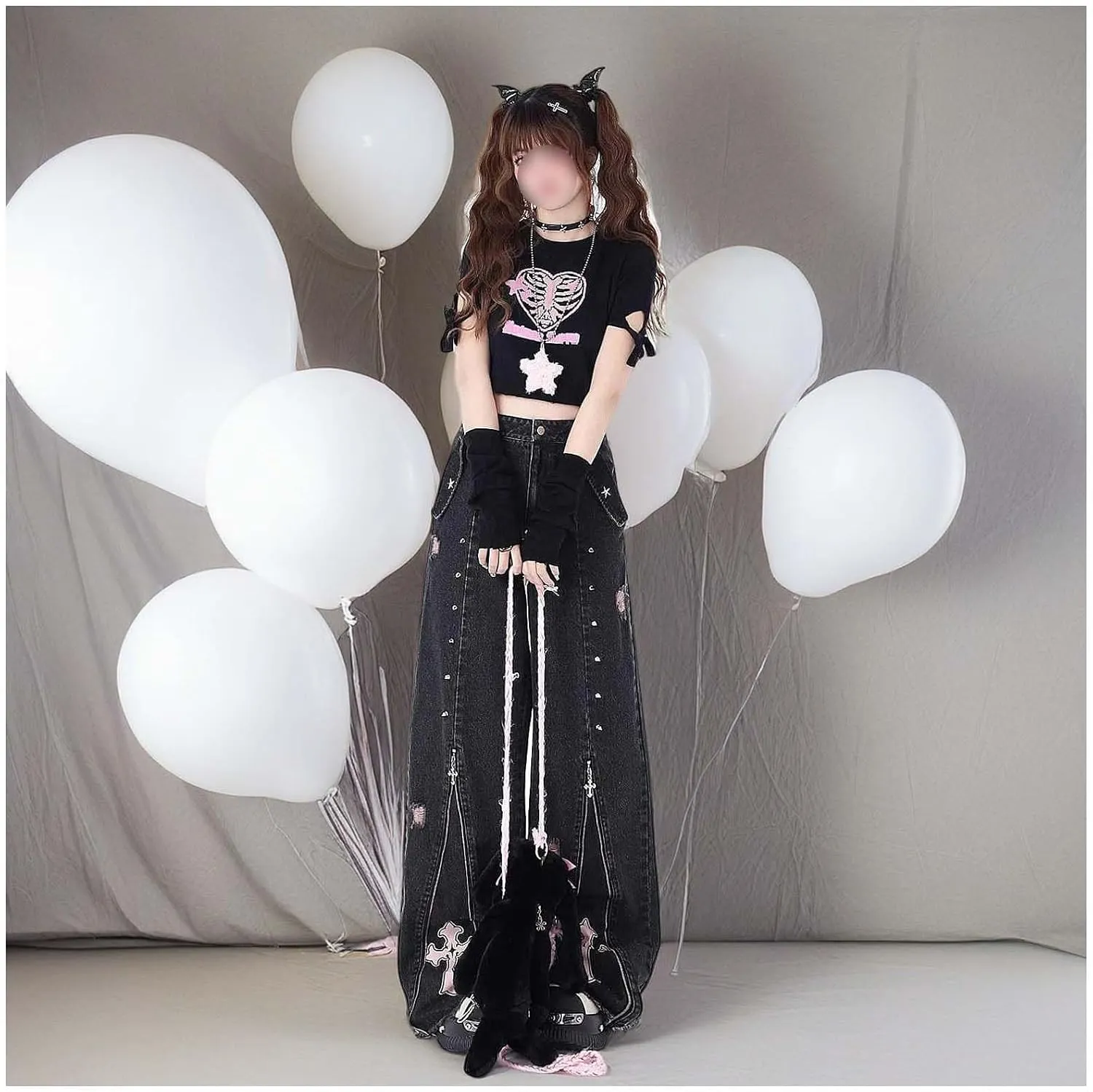 Gothic Punk Wide Leg Long Length Denim Pants Women Baggy Jeans Y2k Cargo Jeans High Waist with Cross Star Decoration