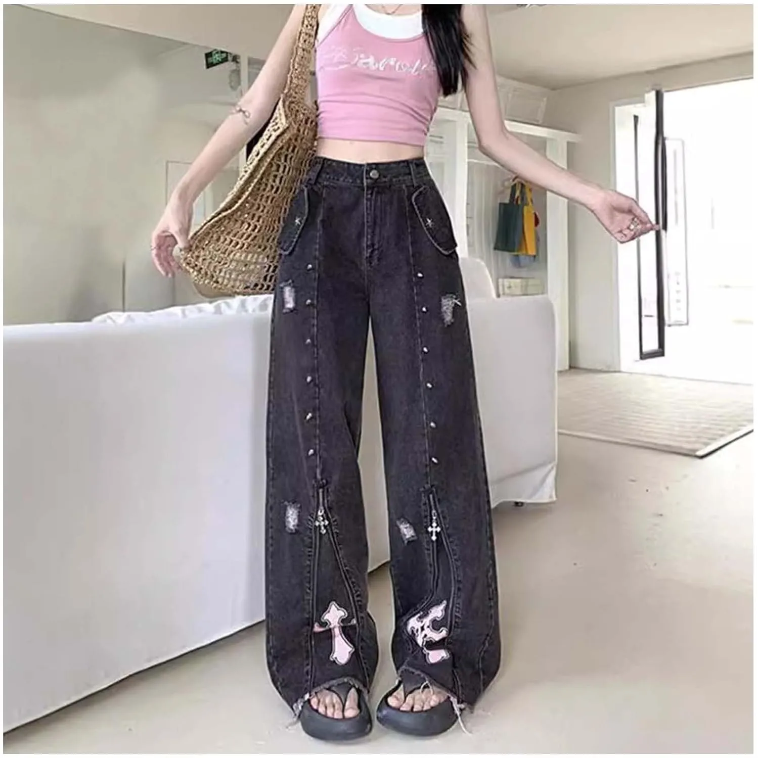 Gothic Punk Wide Leg Long Length Denim Pants Women Baggy Jeans Y2k Cargo Jeans High Waist with Cross Star Decoration