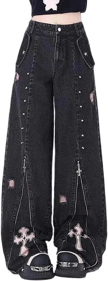 Gothic Punk Wide Leg Long Length Denim Pants Women Baggy Jeans Y2k Cargo Jeans High Waist with Cross Star Decoration