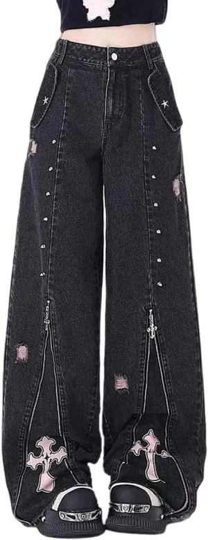 Gothic Punk Wide Leg Long Length Denim Pants Women Baggy Jeans Y2k Cargo Jeans High Waist with Cross Star Decoration