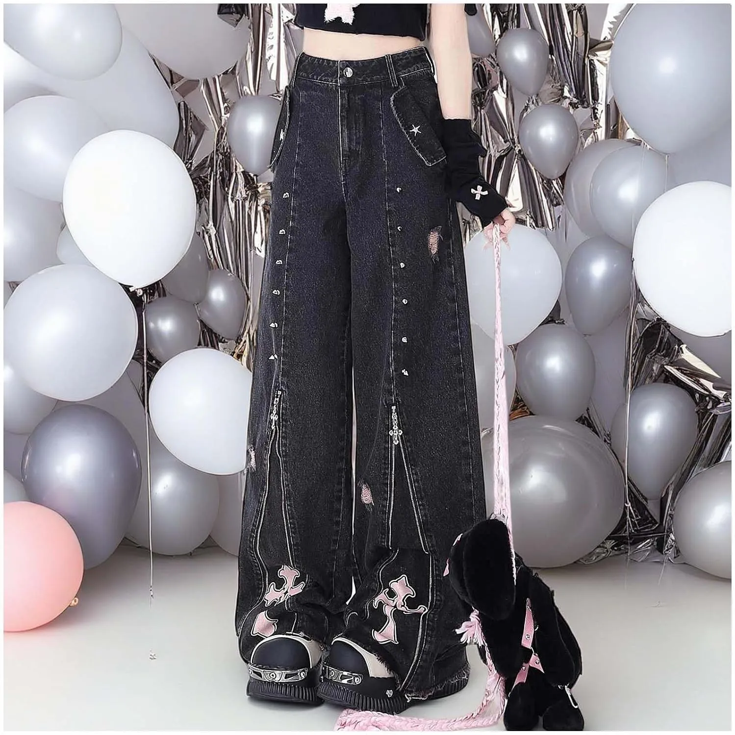 Gothic Punk Wide Leg Long Length Denim Pants Women Baggy Jeans Y2k Cargo Jeans High Waist with Cross Star Decoration