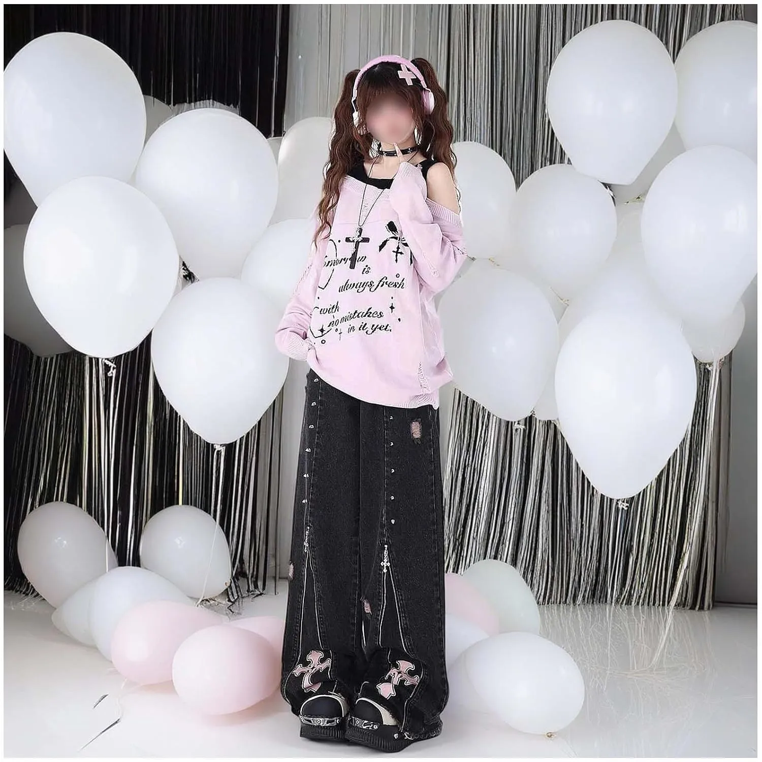 Gothic Punk Wide Leg Long Length Denim Pants Women Baggy Jeans Y2k Cargo Jeans High Waist with Cross Star Decoration