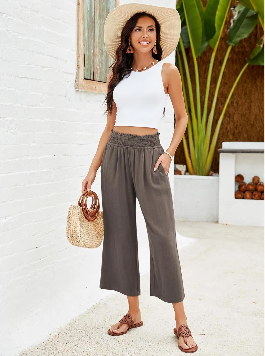 GRAPENT Capri Pants for Women High Waisted Wide Leg Linen Palazzo Trousers Pull On Elastic Smock Waist Loose Flowy Pants