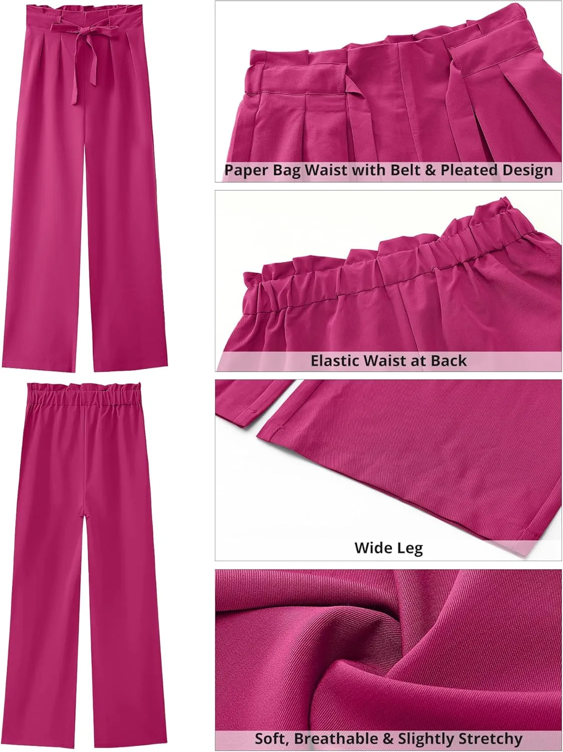 GRAPENT Dress Pants Women High Waisted Wide Leg Work Pants Dressy Casual Trendy Elastic Waist Pleated Belted Trousers