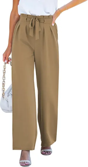 GRAPENT Dress Pants Women High Waisted Wide Leg Work Pants Dressy Casual Trendy Elastic Waist Pleated Belted Trousers