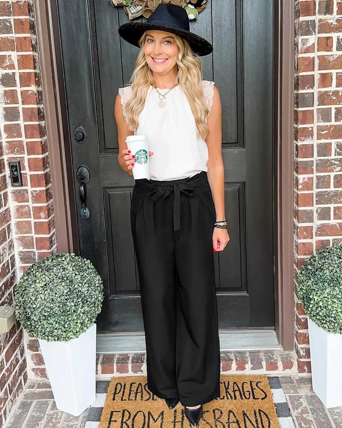 GRAPENT Dress Pants Women High Waisted Wide Leg Work Pants Dressy Casual Trendy Elastic Waist Pleated Belted Trousers