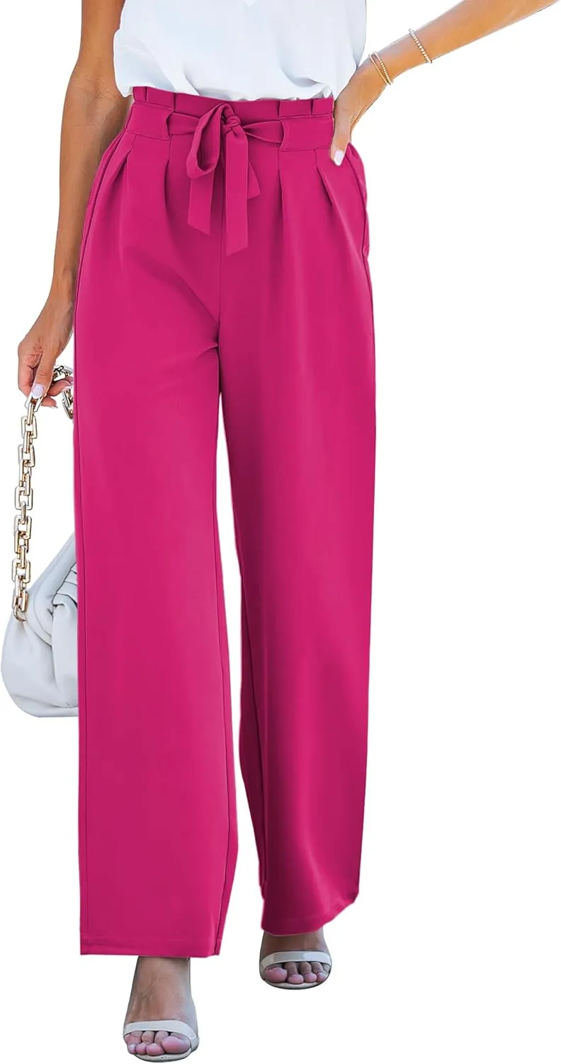 GRAPENT Dress Pants Women High Waisted Wide Leg Work Pants Dressy Casual Trendy Elastic Waist Pleated Belted Trousers